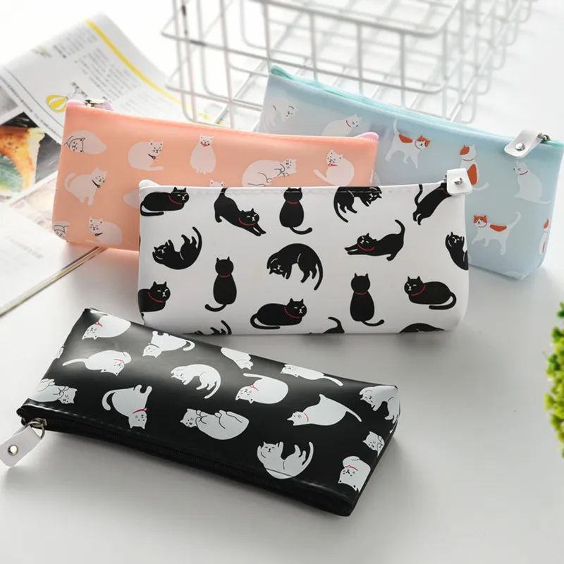 

Cute Cat Silicone Pencils Case Kawaii Girl PencilsBags Durable Large Capacity School Supplies Stationery Pen Storage