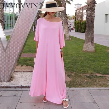 

Korea 2020 Spring Summer Korean New Casual Long Dresses For Women Loose Large Size Half Sleeve Round Collar Clothes Y020