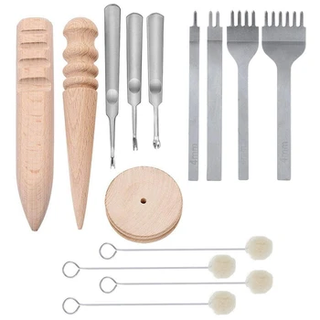 

14Pcs DIY Leather Craft Tool Kit 4mm Hole Punches Prong Lacing Stitching Punch Edge Skiving Beveler Edge Slicker