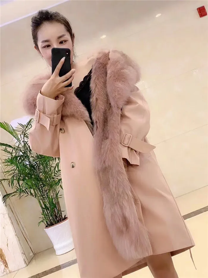 pink fur liner Пальто с натуральным мехом, Толстая теплая парка с подкладкой из лисьего меха, женская зимняя куртка, костюм с воротником, длинный плащ - Цвет: pink fur liner
