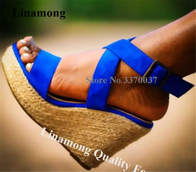 

Linamong Elegant Open Toe High Platform Wedge Heel Sandals Blue Suede Leather Ankle Strap Buckle Height Increased Wedges Heels