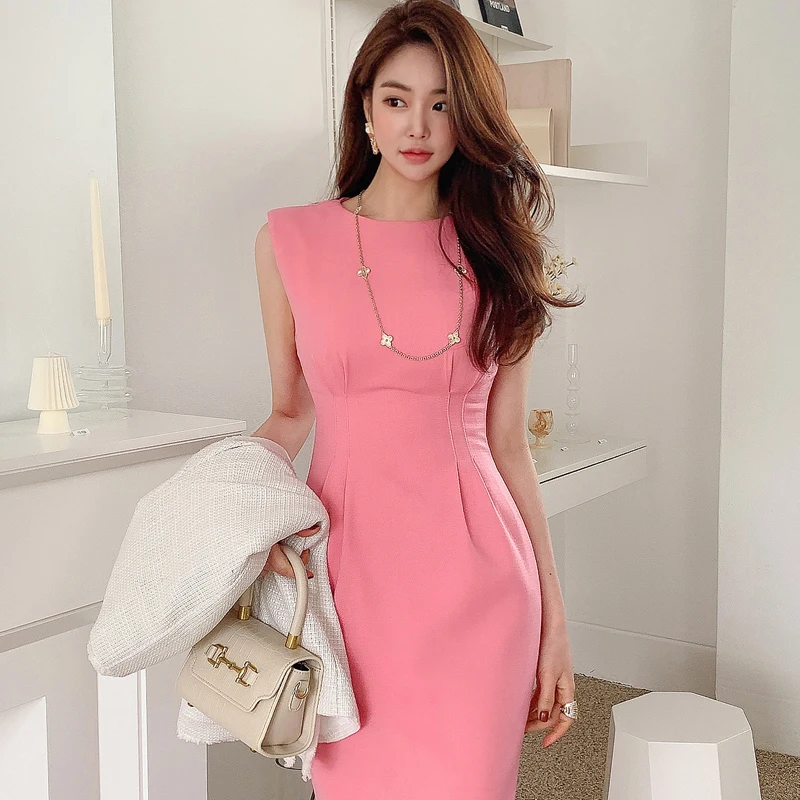 Summer Office Lady Casual Wear Dress Women Solid Formal Slim Dress Female Bodycon Slevessless Vestdios