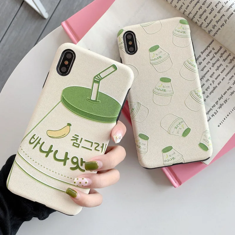 

Cute banana milk mobile phone case for iPhone X XS XR XSMax 8 7 6 6S PluS silk embossed anti-drop protection cover