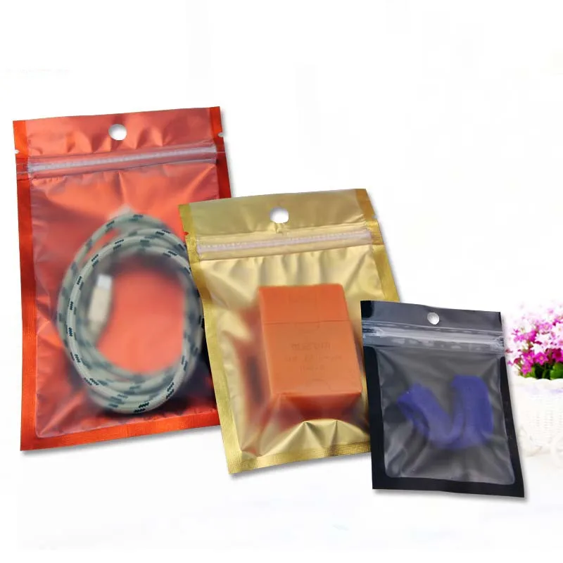 

Retail 200Pcs/Lot 12*22cm Gold/Clear Plastic Matte Zipper Poly Zipper Pouch Hang Hole Zip Lock Self Seal Packaging Package Bags