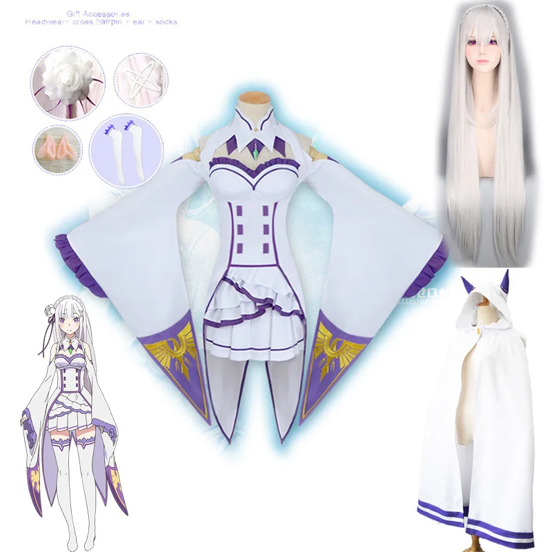 Emilia Cosplay Costume Re:Zero Starting Life in Another World Dress and Wig Halloween Woman Ball Dresses |