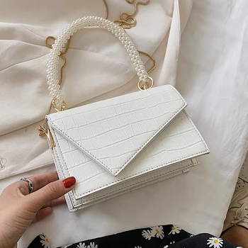 

Tote Bags Pearl Chain MINI Stone PU Leather Crossbody Shoulder Bags for Women 2020 Chain Design Luxury Hand Bag Female Travel