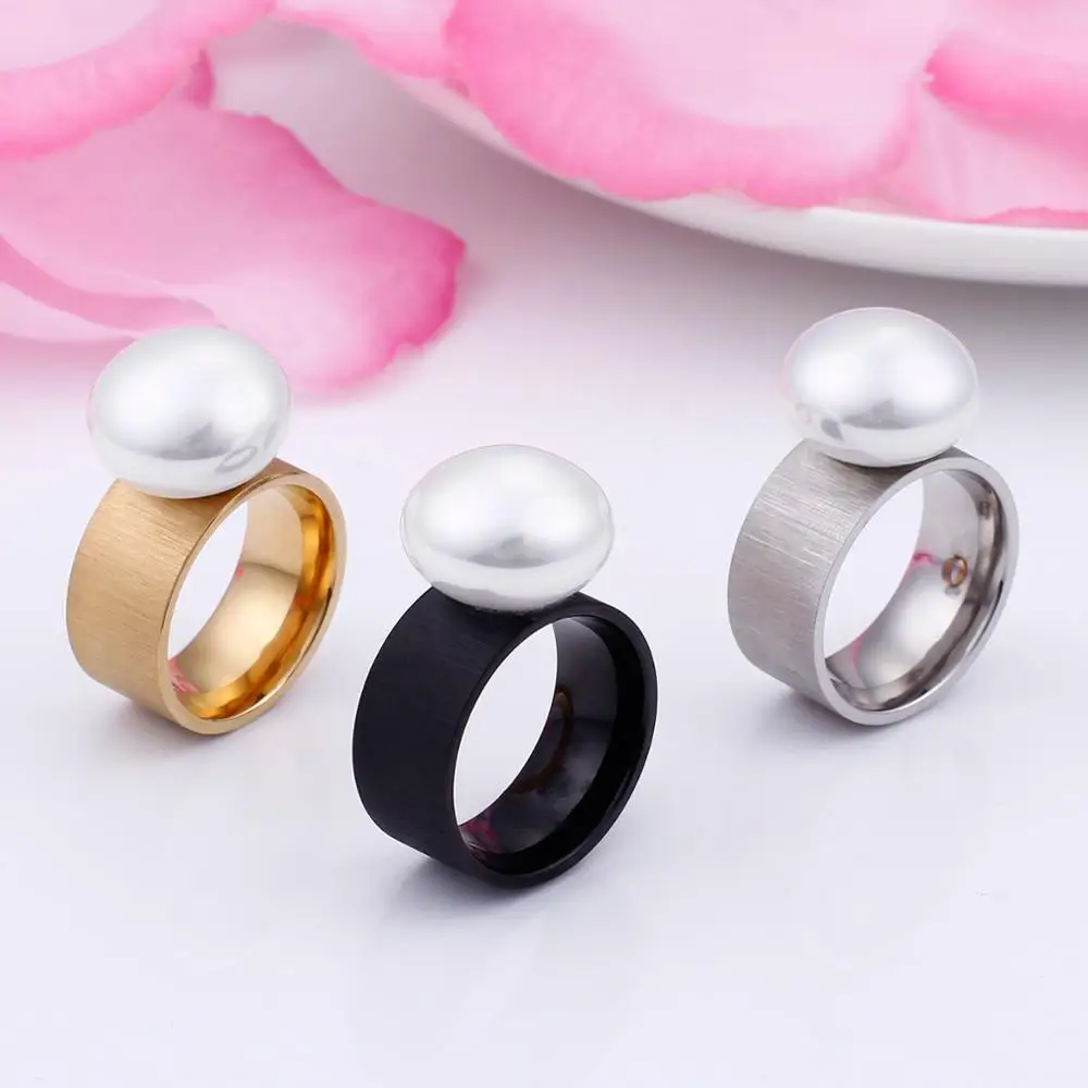 Stainless Steel Rings: KALEN Fashion Stainless Steel Rings for Women Gold Color Black Imitation Pearl Charm