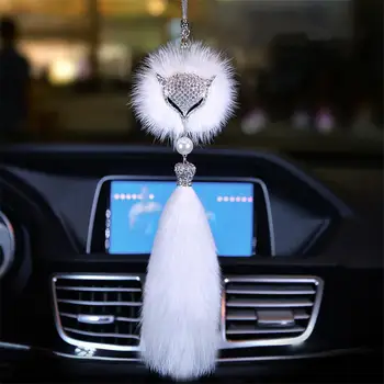 

Car Pendant Crystal Fox Mink Fur Charms Automotive Interior Rearview Mirror Decor Hanging Ornaments Accessories Women Gift