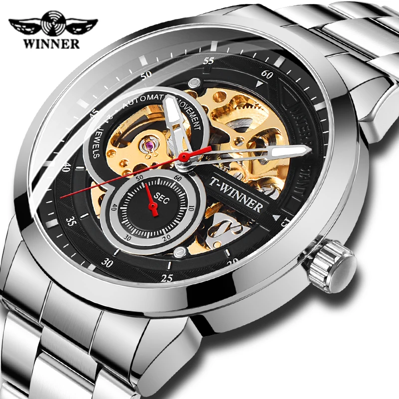 

High Quality WINNER Men Automatic Watch Transparent Skeleton Mechanical Stainless Steel Luminous Male Wristwatches Relogio