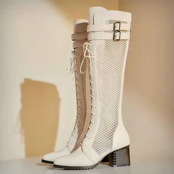 

Fashion Women Back Zipper Cross-tied Knee High Boots Autumn summer Sexy Genuine Leather Party Shoes Woman
