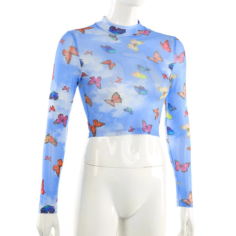 HEYounGIRL с принтом бабочки, сетчатый кроп Топ, футболка, женская сексуальная Прозрачная женская футболка, Топы, базовый с длинным рукавом, футболка Femme