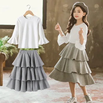 

Children Clothing Autumn 2019 Kids 2pcs Sets Girls Flare Sleeve White Tees T Shirts & Gray Mid Waist Layered Skirts Clothes 8 10