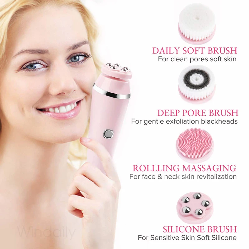 Perie electrică de curățare a feței 4 în 1, reîncărcabilă, impermeabilă, Spin Sonic Exfoliator, curățător de față Sk_voghion.com