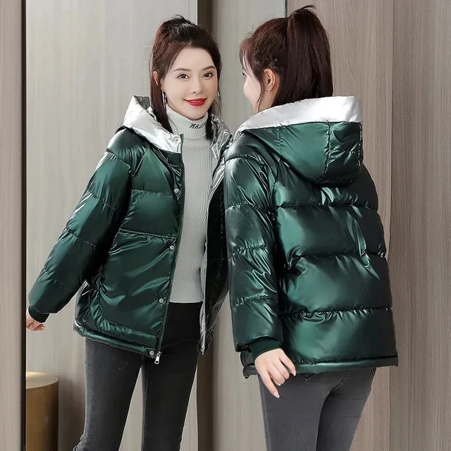 Winter Jacket Women 2021 New Glossy Down Cotton Coat Winter Warm Down Jacket Parkas Thick Warm Cotton-Padded Coat Outwear Female Hooded Green
