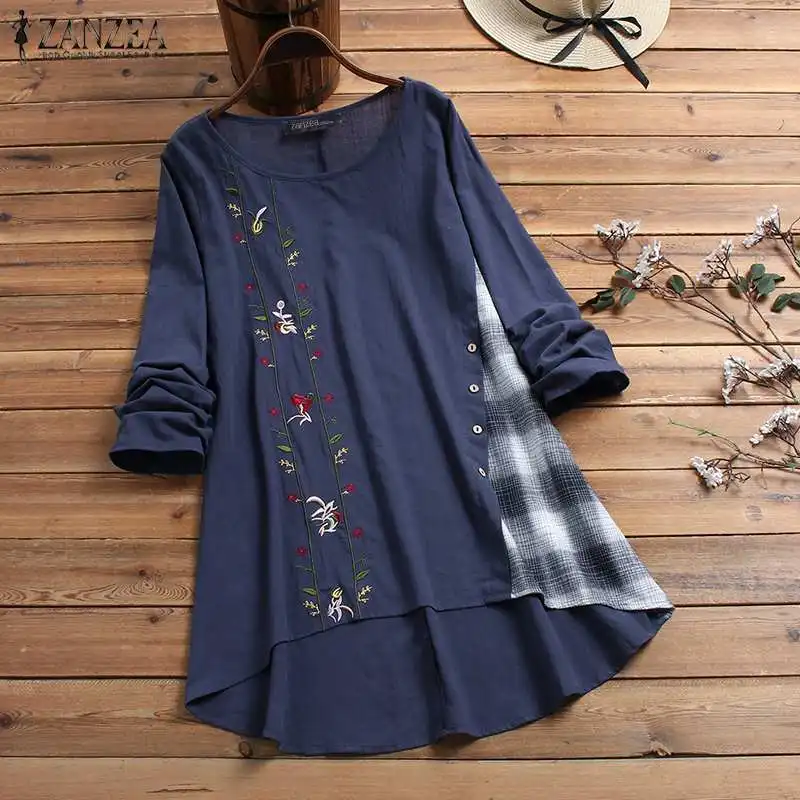 Embroidery Tops Shirts Tunic Patchwork Blouse Long-Sleeve ZANZEA Vintage Plus-Size Casual-Button