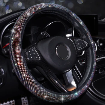 

Ultra Bling Rainbow Crystal Black Soft Villus Car Van Steering Wheel Cover 38CM Protection skidproof Cover