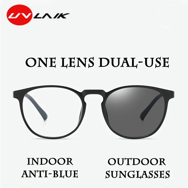 UVLAIK фотохромные круглые мужские и женские солнцезащитные очки TR 90 Ультра-светильник с оправой двойного назначения линзы анти-синий солнцезащитный козырек мужские и женские очки