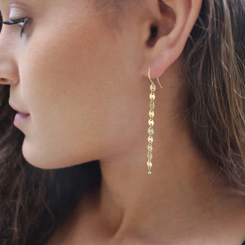 

Simple Vintage Round Copper Sequins Dangle Earrings for Women Long Chain Geometric Drop Earrings Fashion Ear Jewelry Gift YN998