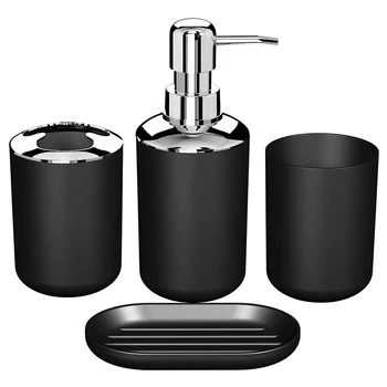 

4 Pcs Plastic Bathroom Accessory Set,Bath Toilet Brush Accessories Set with Toothbrush Holder,Toothbrush Cup(Black)