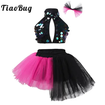 

TiaoBug Kids Stage Performance Modern Salsa Jazz Dance Costume Girls Shiny Sequins Sleeveless Crop Top with Mesh Tutu Dress Set