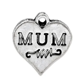 

20 PCs Doreen Box "MUM" Love Heart Charms Pendants Alloy Silver Color 17x16mm For DIY Jewelry Making Findings, Hole: 2mm