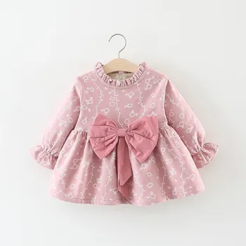 

2019 New Cute Bowknot Dress plus velvet Fall Winter Baby Dress Cotton Long Sleeve Baby Mini Knee Dress Fashion Girls Dress