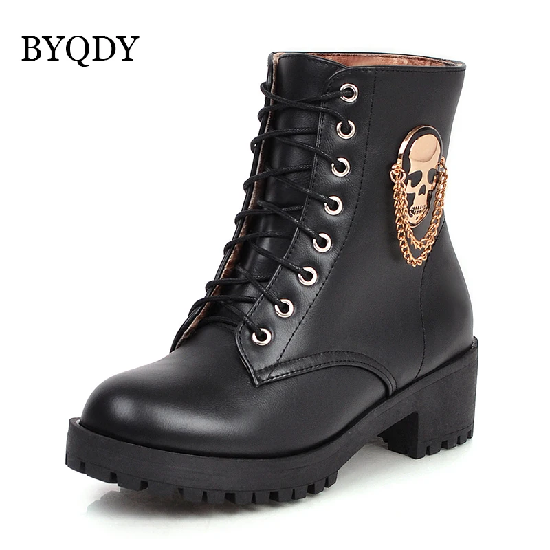 BYQDY Woman Ankle Boots Skull Street Lace Up Platform Boots New Thick Heels Ladies Shoes Autumn Winter Fur Round Toe Short Boot
