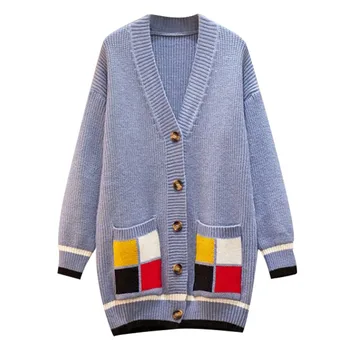 

2019 New Autumn Coat Casual Womens Warm Button Up Knit Sweater with Pockets Outwears Blue
