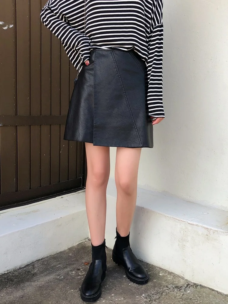 

Autumn And Winter B into Leather Skirt High-waisted Slimming Versatile Irregular Sheet for A- line Skirt Short Skirt Women's 201