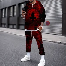 

2022 new dark red element sweater suit men's casual two-piece 3D printing suit spring and autumn men's large size S-6XL