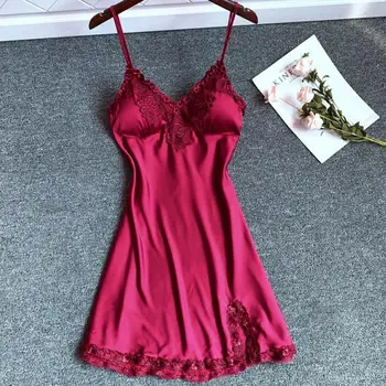 

Summer Women Sexy Spaghetti Strap Nightdress Sleepwear Casual Satin Nightgown Kimono Gown Loose Mini Lace Home Dressing Gown