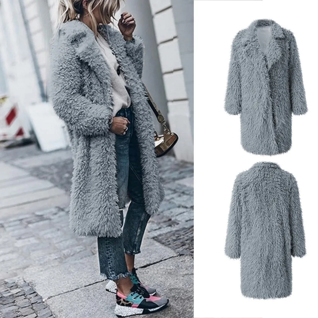 Женская меховая куртка, теплое искусственное пальто с отворотом, Длинная зимняя верхняя одежда, куртка из искусственного меха, повседневное плюшевое пальто с длинным рукавом, плюшевое пальто