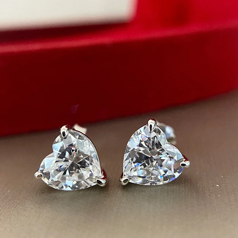 OEVAS 925 Sterling Silver 7*7mm Heart High Carbon Diamond Gemstone Wedding Engagement Ear Studs Earrings Fine Jewelry Wholesale