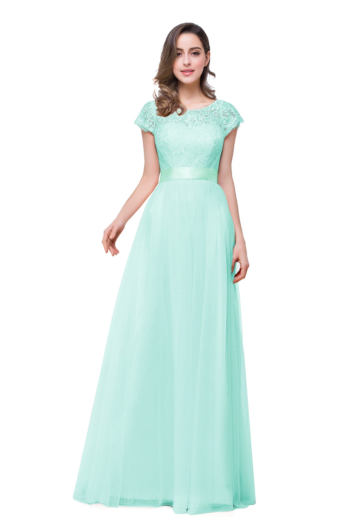 Pink Tulle Long Evening Dress Elegant A line Formal Party Gown Sleeved Backless Lace Applique robe de soiree - Цвет: Mint Green