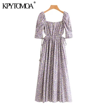 

KPYTOMOA Women 2020 Chic Fashion Floral Print Pleated Midi Dress Vintage Puff Sleeves Side Hollow Out Female Dresses Vestidos
