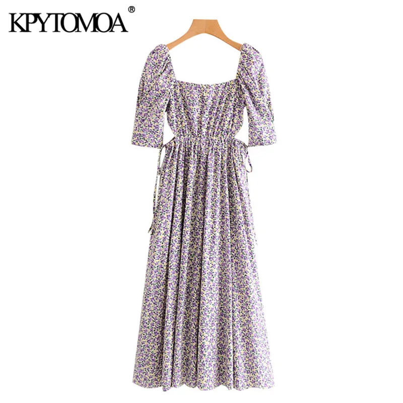 KPYTOMOA Women 2020 Chic Fashion Floral Print Pleated Midi Dress Vintage Puff Sleeves Side Hollow Out Female Dresses Vestidos KPYTOMOA Women 2020 Chic Fashion Floral Print Pleated Midi Dress Vintage Puff Sleeves Side Hollow Out Female Dresses Vestidos