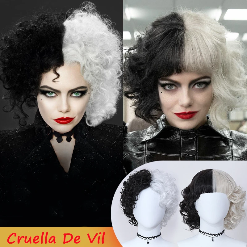 

Movie Cruella De Vil Cosplay Cruella Wigs Super Villain Princess Black and White Wig High Restored Halloween Women Cosplay Props