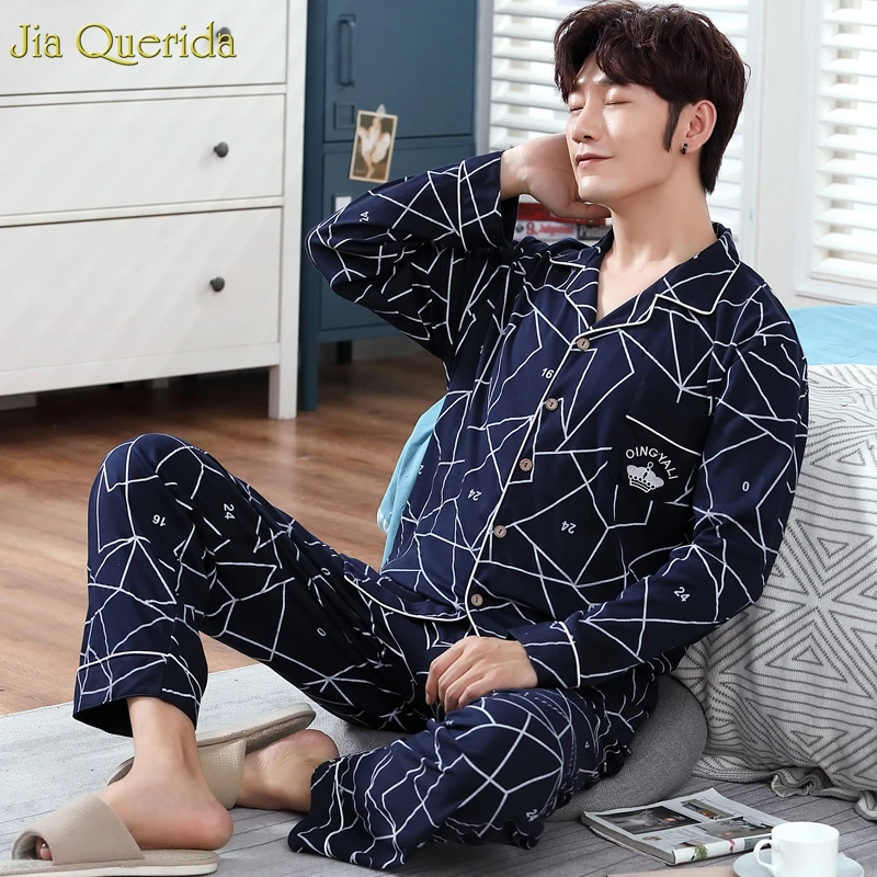 Mens Pajamas Set Cotton Spring Autumn Long Sleeves Trousers 2 Pieces Cardigan Printing Royal Blue Male Sleepwear | Мужская одежда