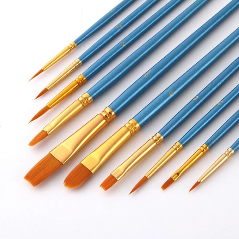 10Pcs/Set Nylon hair paint brush different sizes oil watercolor drawing art brush painting materials supplies