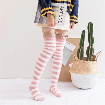 

Winter Warm Coral Fleece Long thigh high Socks Girls Women Animal Modeling Stockings Striped Cute Knee Socks medias de mujer