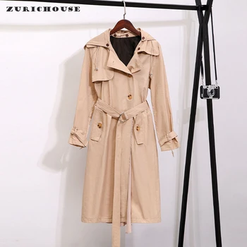 

ZURICHOUSE Spring Coat Woman Long Fashion Removable Hooded Windbreaker 2020 Single-breasted Sashes Khaki Trench Female