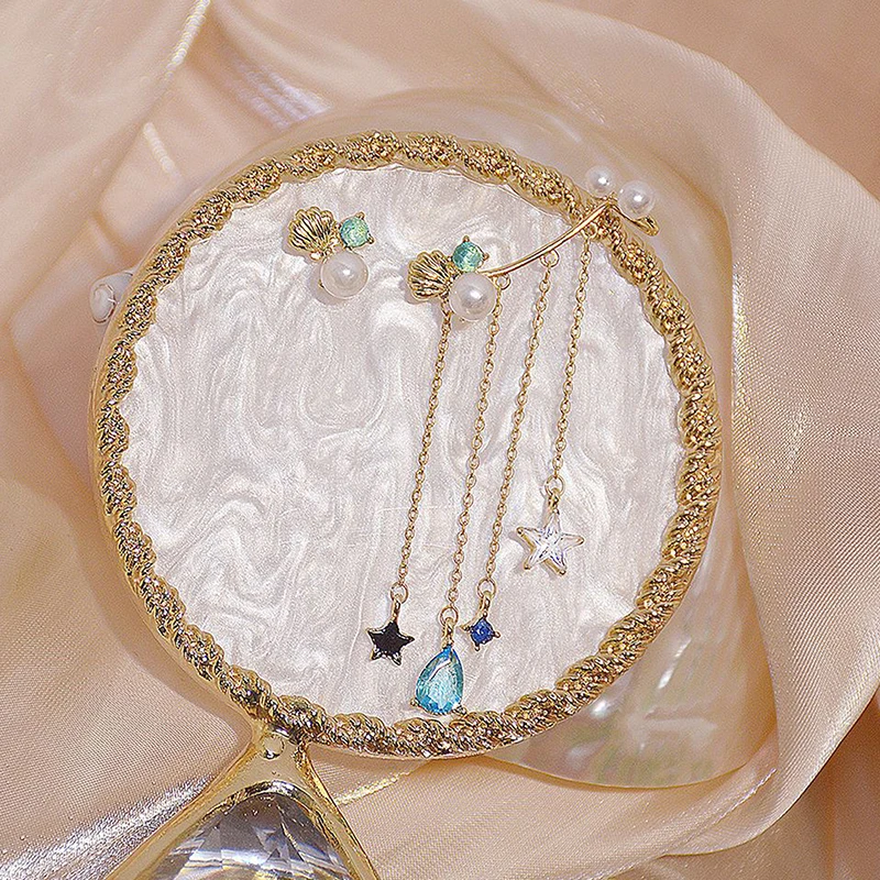 Luxury 14k Real Gold Asymmetry Shell Starfish Pearl Earring AAA Gemstone Zircon Charm Tassel Drop Earring Wedding Jewelry