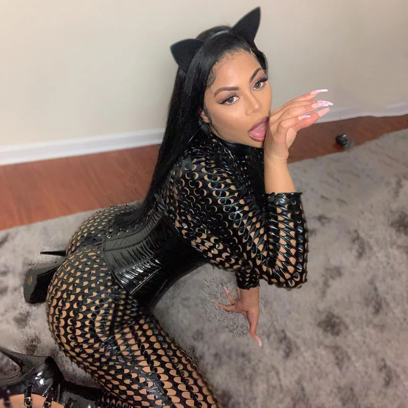 Black Jumpsuit Women Two Piece Hollow Out Solid Stitching Waist Slim Elastic Breathable Sexy Suit Bodysuit Romper Sportswear