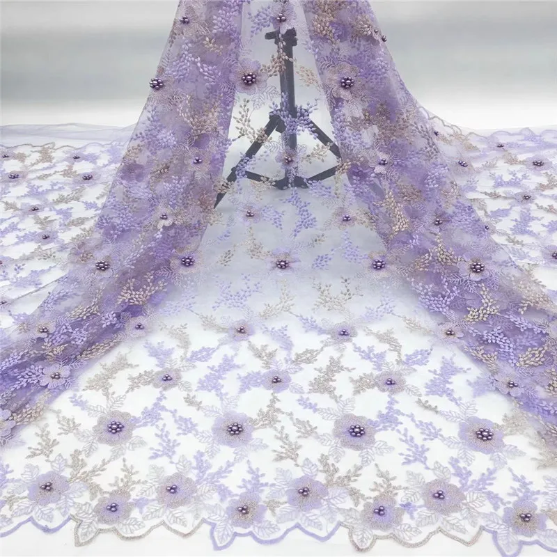 

African Beaded Lace Fabric Embroidered Nigerian Laces Fabric 2020High Quality Purple French Tulle Lace Fabric For Women