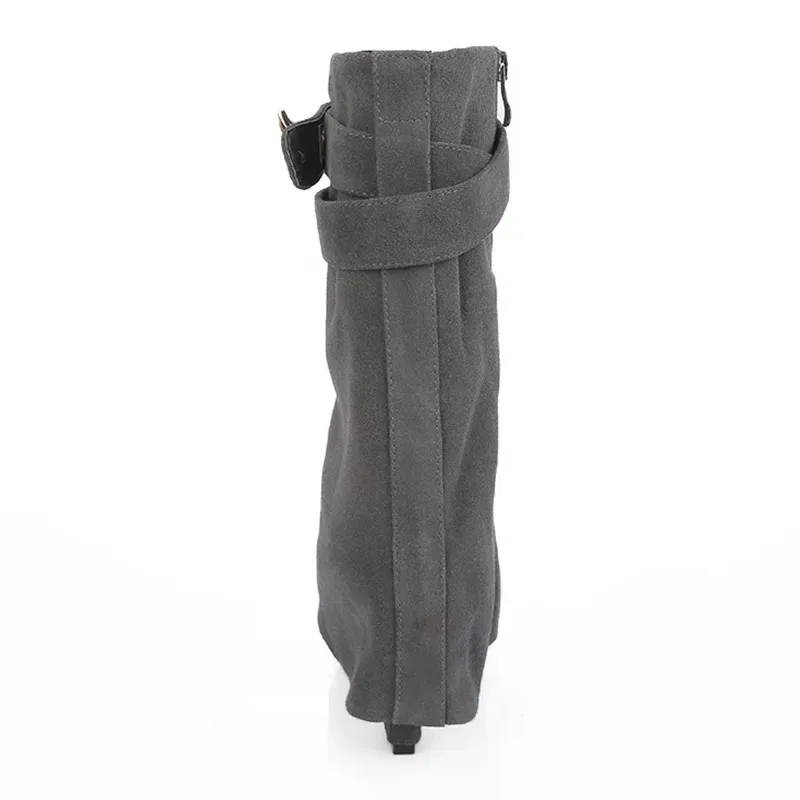 Green Suede Boots Women Shark Lock Belt Buckle Bottes Round Toe High Wedges Heel Botas Autumn Spring New Fashion Boots Women