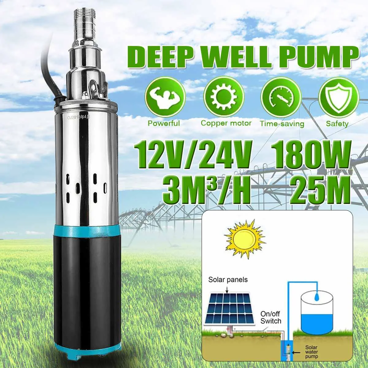 High Lift Solar Water Pump 12//24V 180W 25m Lift Deep Well Pump Irrigation