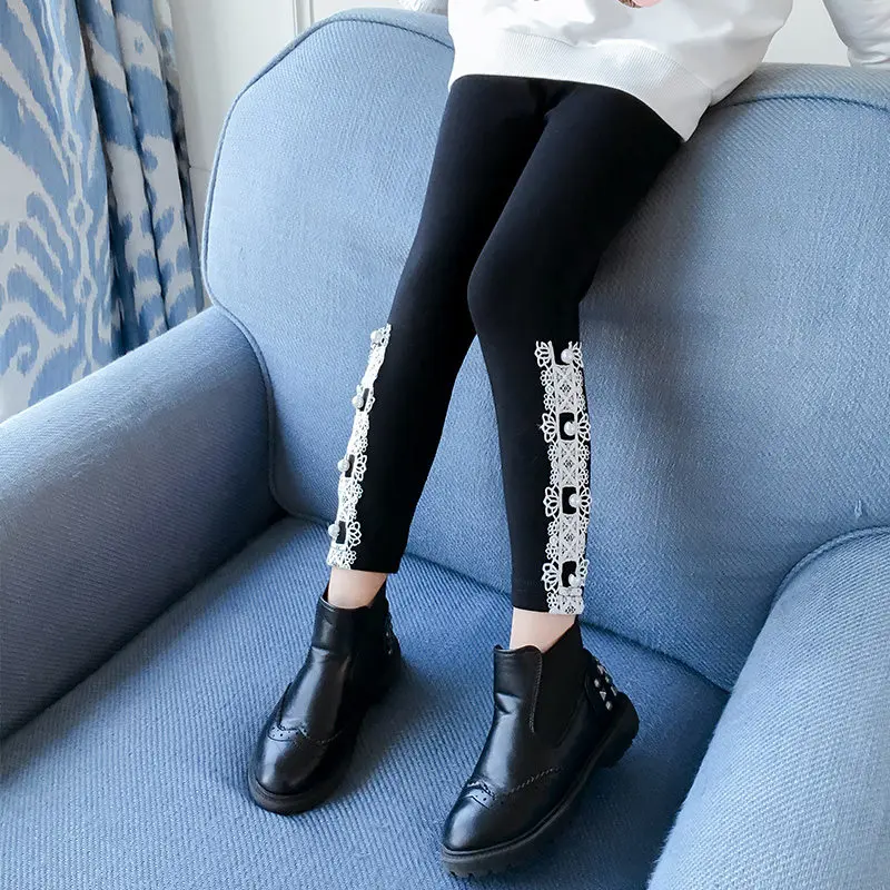 Kids Cotton Lace Crochet Leggings For Girls Pearl Leggings Lace Side Leggins Girls Fitness Legings Skinny Pants For Teens
