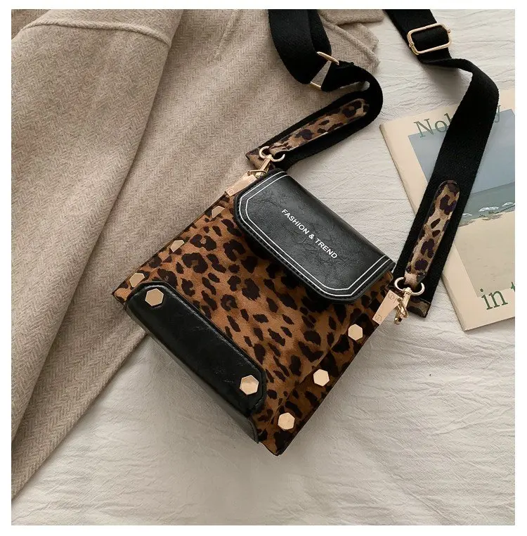 HOCODO винтажные леопардовые сумки через плечо для женщин скраб кожа модная сумка на плечо с клапаном заклепки маленькая сумка-мессенджер Bolsa Feminina
