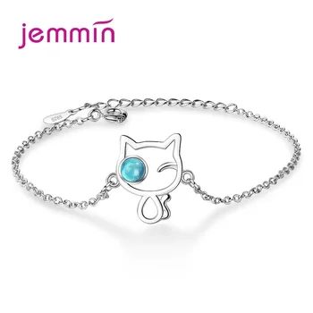 

Girl Women Bracelets Bangle 925 Silver Pave Setting Blue Cubic Zircon Stones Earth Cat Charm Adjustable Wristband Gift Jewellery
