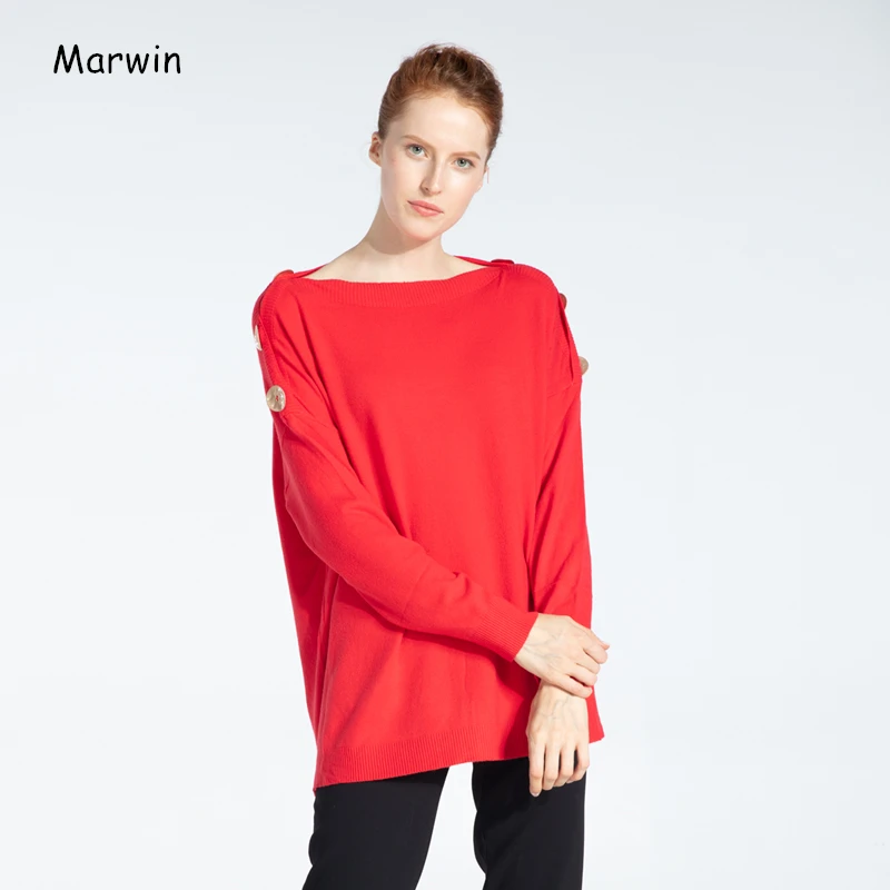 

Marwin 2019 Winter Solid Loose Slash Neck Button High Street Office Lady Style Women Sweater Soft Warm Female Knitted Pullovers